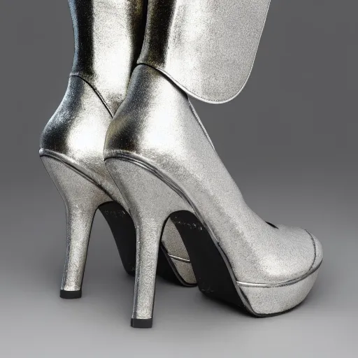 Image similar to a pair of metallic armored reflective heels, photography, design, armor, medieval, shiny, detailed, trending on artstation, armor
