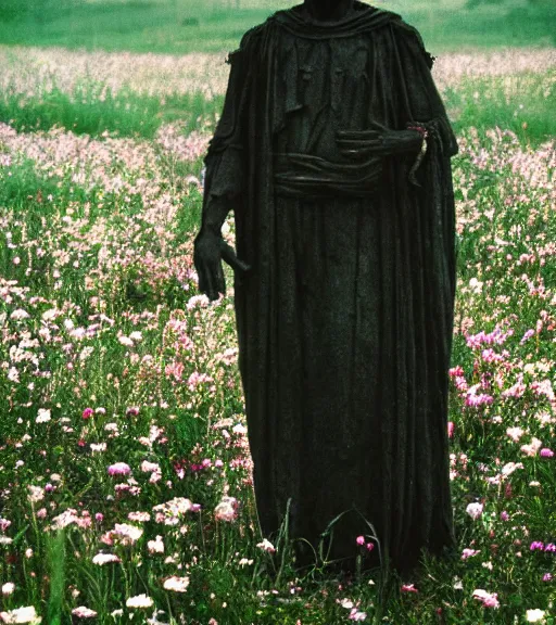 Image similar to mystical black death god figure standing in tall meadow of flowers, film photo, grainy, high detail, high resolution