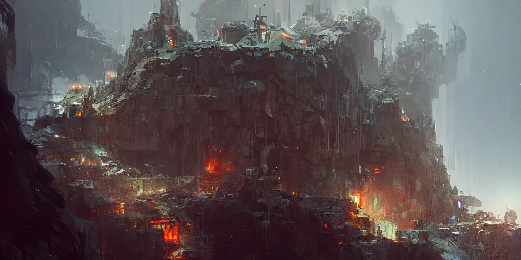 Prompt: concept art of a post apocalyptic monastery laboratory at the top of a jagged mountain, grimy, gritty, blade runner 2 0 4 9, trending on artstation, award winning painting, cgi, art by john berkey and anton fadeev and john howe and simon stalenhag