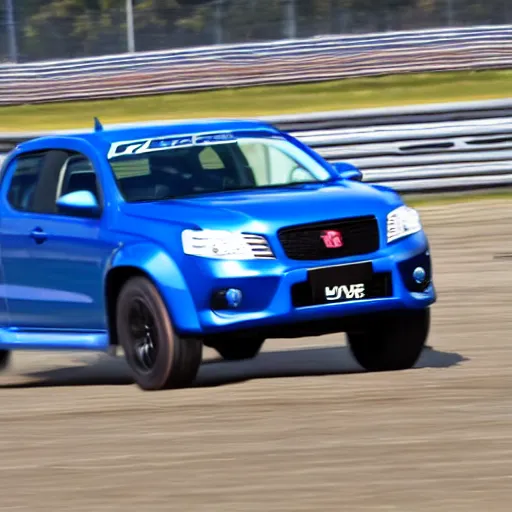 Prompt: a 2 0 1 4 fpv pursuit ute limited edition driving on a racetrack