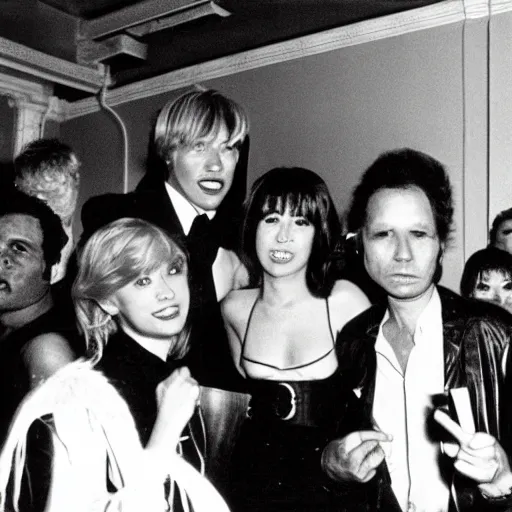 Image similar to godzilla partying at studio 5 4 b & w grainy photograph lots of celebrities including andy warhol