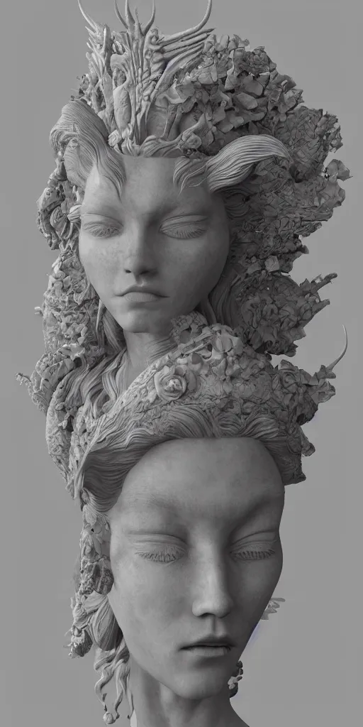 Prompt: a sculpture of mythical creatures by geenss archenti flores, elegant and beautiful female face, carved in stone, intricate, elegant, highly detailed, artstation, concept art, ambient occlusion, vray render,