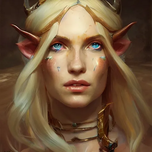 Image similar to A head-on detailed oil fantasy portrait of a pretty elf woman with copper horns, long blonde hair and bright copper irises, by greg rutkowski, trending on artstation, dungeon and dragons art