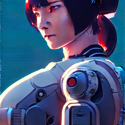 Image similar to side portrait scifi cyborg girl with robotic parts and spacesuit | | head only in center of image, audrey plaza, fine detail!! anime!! realistic shaded lighting!! poster by ilya kuvshinov katsuhiro otomo ghost - in - the - shell, magali villeneuve, artgerm, jeremy lipkin and michael garmash and rob rey