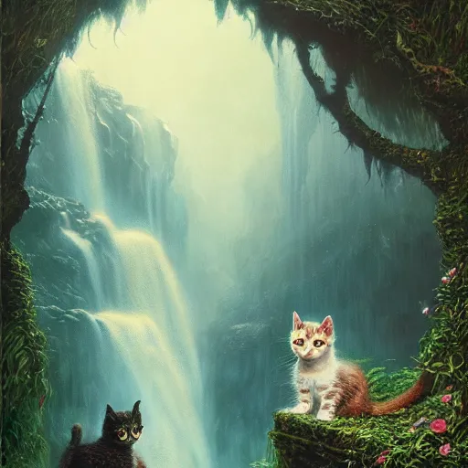 Image similar to two kittens watching the waterfall in the enchanted forest, fantasy, intricate, extremely detailed, face enhance, matte, artstation, art by louis wain, greg rutkowski