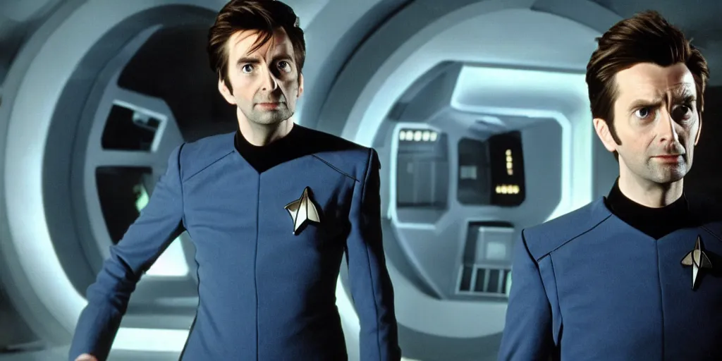 Image similar to David Tennant as Doctor Who, in Starfleet uniform, in the role of Captain Kirk in a scene from Star Trek the original series