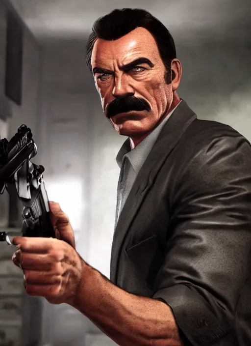 Prompt: film still of tom selleck as max payne in max payne 3, gameplay, 8 k, hd