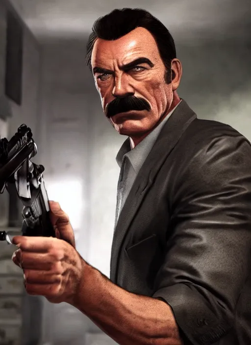 Image similar to film still of tom selleck as max payne in max payne 3, gameplay, 8 k, hd