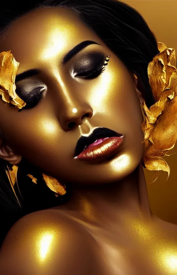 Image similar to Beauty woman black skin color body art, gold makeup lips eyelids, fingertips nails in gold color paint. Professional gold makeup, fantasy magic, undercut hairstyle, dark light night, intricate, elegant, sharp focus, illustration, highly detailed, digital painting, concept art, matte, art by WLOP and Artgerm and Greg Rutkowski and Alphonse Mucha, masterpiece