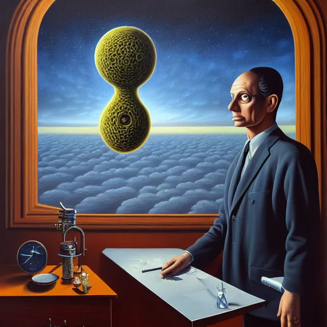 Prompt: an oil on canvas portrait painting of a business man, polycount, surrealism, surrealist, lovecraftian, cosmic horror, rob gonsalves, high detail