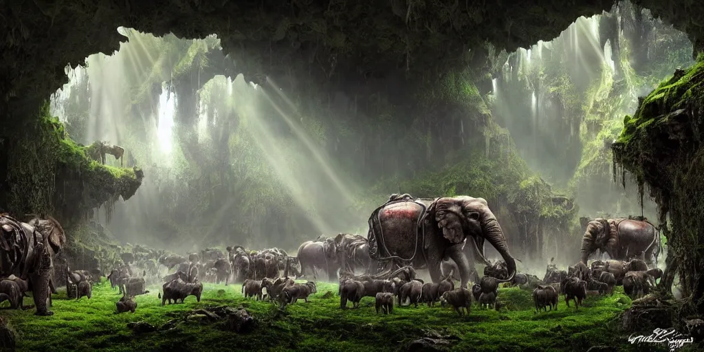 Image similar to herd of magnificent mechanical steampunk elephants looking eerily into a cave entrance with lush vegetation and mystical (((glowing algae))) in the dawn, light coming through from holes in the ceiling, waterfalls, desaturated, creepy ambiance, dangerous, sharp focus, highly detailed, artgerm