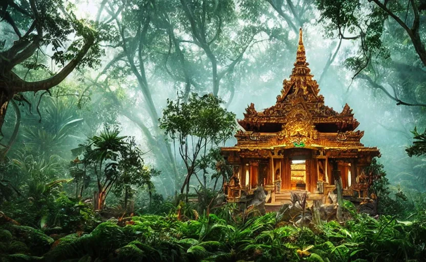 Image similar to a huge magical temple in the middle of a jungle, epic lighting