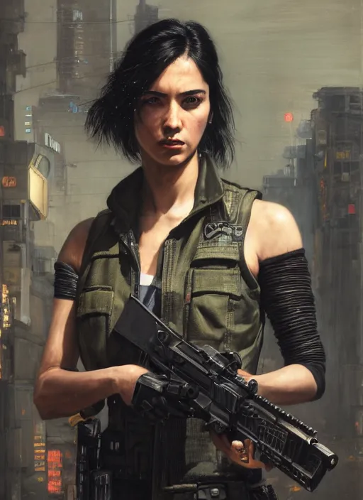 Image similar to laura matsuda. cyberpunk police trooper in a military vest ( blade runner 2 0 4 9, cyberpunk 2 0 7 7 ). orientalist portrait by john william waterhouse and james gurney and theodore ralli and nasreddine dinet, oil on canvas. cinematic, hyper realism, realistic proportions, dramatic lighting, high detail 4 k