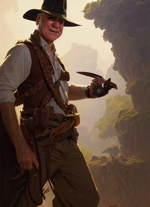 Prompt: steve martin as indiana jones, d & d, fantasy, intricate, elegant, highly detailed, digital painting, artstation, concept art, matte, sharp focus, illustration, hearthstone, art by artgerm and greg rutkowski and alphonse mucha