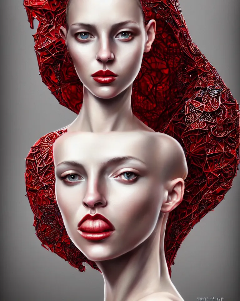 Image similar to epic professional digital portrait of gorgeous thin white woman, perfect face, armoured red dress, painted, intricate, detailed, by wayne haag, reyna rochin, iris van herpen, artstation, cgsociety, epic, stunning, gorgeous, much wow.