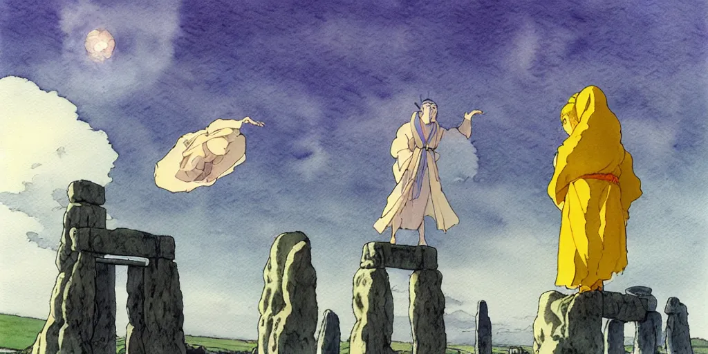 Image similar to a hyperrealist studio ghibli watercolor fantasy concept art of a giant chinese god and a small grey alien with a yellow robe in stonehenge in the early morning. a giant gold ufo is floating in the air. by rebecca guay, michael kaluta, charles vess