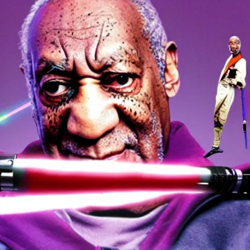 Image similar to Bill Cosby as a jedi with a purple light saber