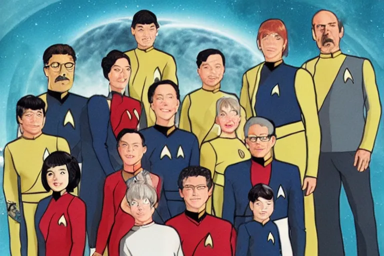 Image similar to star trek next generation bridge crew, family portrait, in style of hayao miyazaki