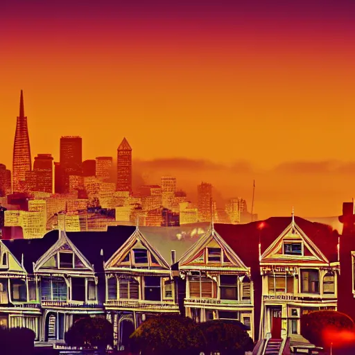 Prompt: a photograph of the painted ladies in san francisco at sunset foggy artstation cyberpunk dreamscape high definition