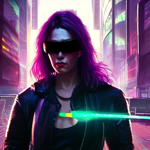 Image similar to epic portrait of cyberpunk Carpenter Charisma wearing mirrorshades, Night City, cyberpunk 2077, neon megacity in the background, angry and bored, illustration, soft lighting, soft details, painting oil on canvas by mark arian by artgerm, trending on artstation, 4k, 8k, HD