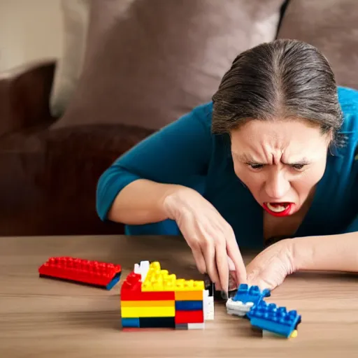 Image similar to Angry woman destroying a lego set