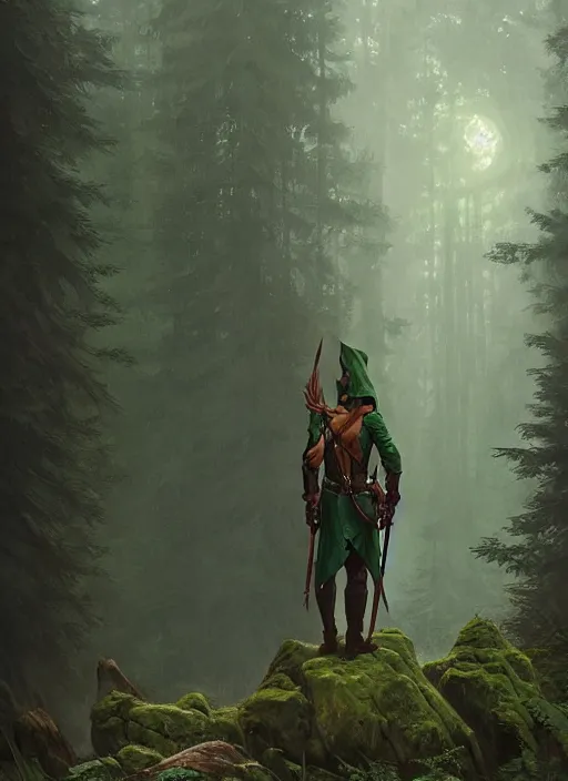 Image similar to elf man wearing dark green with a shield on his back standing at a forest looking for adventure in the mountains, tall trees, landscape is lush, moody sunset in background, greg rutkowski, alphonse mucha, trending on artstation, artgerm, unreal engine, breathtaking, award winning, highly detailed