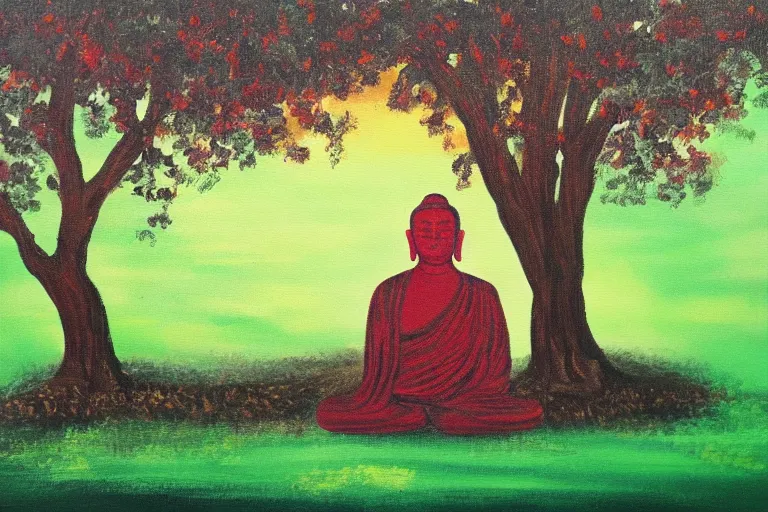 Image similar to painting of a peaceful buddha meditating under a tree, acrylic art, calm, soothing, cosy, elegant, soft light,
