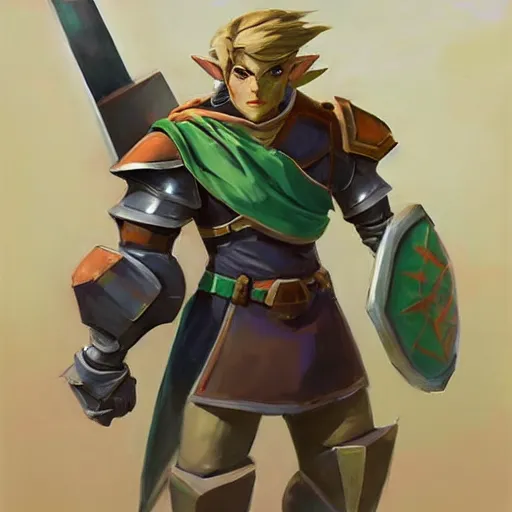 Image similar to greg manchess portrait painting of armored link from legend of zelda as overwatch character, medium shot, asymmetrical, profile picture, organic painting, sunny day, matte painting, bold shapes, hard edges, street art, trending on artstation, by huang guangjian and gil elvgren and sachin teng