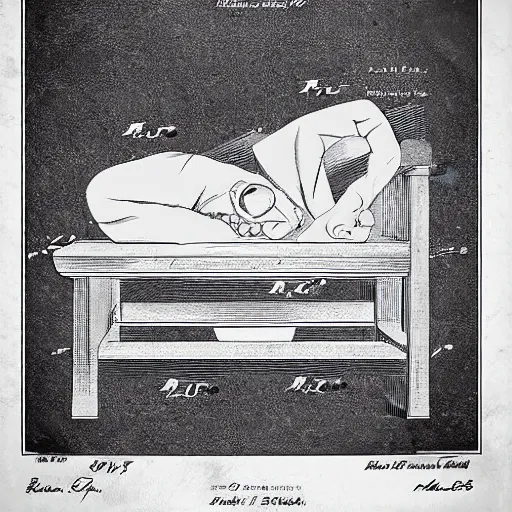 Image similar to sleeping man as a patent drawing. looking at camera. technical drawing. mathematical.