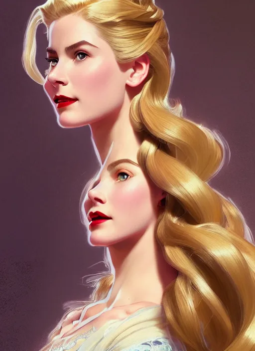 Image similar to Grace Kelly with ridiculously long hair as Rapunzel, western, D&D, fantasy, intricate, elegant, highly detailed, digital painting, artstation, concept art, matte, sharp focus, illustration, art by Artgerm and Greg Rutkowski and Alphonse Mucha, masterpiece, stunning, artstation