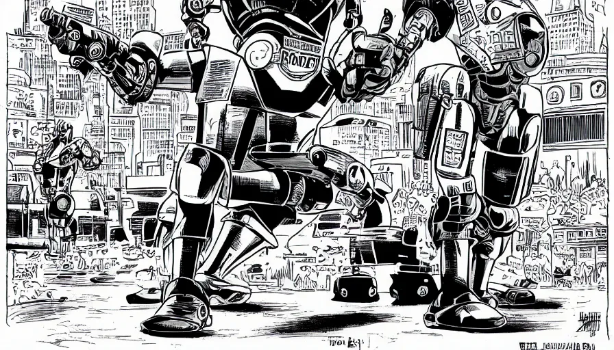 Prompt: robocop fighting crime, by jeff smith