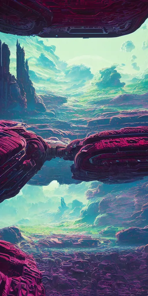 Prompt: terraforming, a highly detailed cinematic oil painting by roger dean and alena aenami, crashed spaceship!!, dynamic lighting