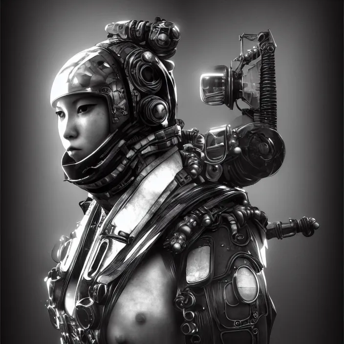 Image similar to a vertical portrait of a character in an spaceship by nihei tsutomu, black and white, dreamy, steampunk bioarmor, highly detailed, 3 d render, vray, octane, realistic lighting