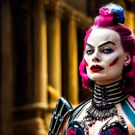 Image similar to photo of margot robbie as a harlequin warrior