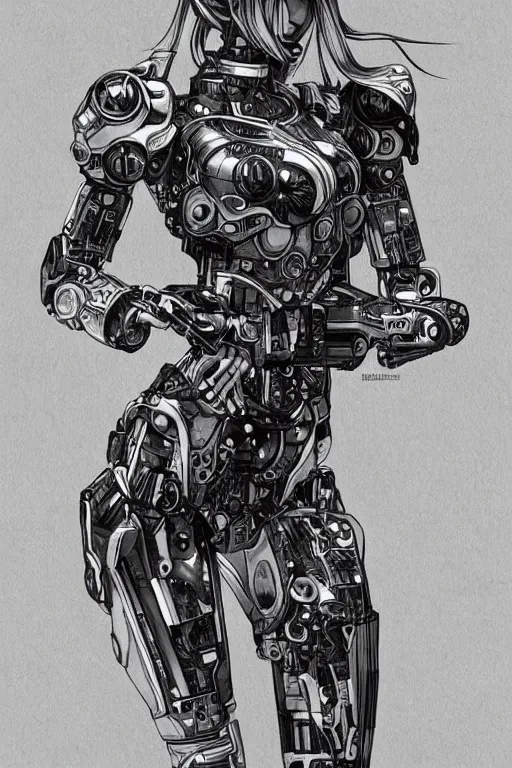 Prompt: full body illustration female cyborg, highly detailed, sumi - e art, suiboku - ga ink, by kim jisu, pen and ink monochrome, mecha, deviantart, artstation, pinterest