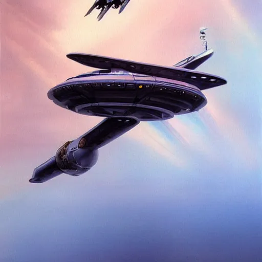 Prompt: a beautiful picture of a spaceship docking to a space station by Boris Vallejo trending on Artstation