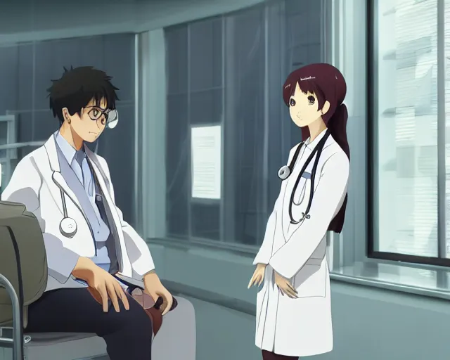 Image similar to a cute young female doctor wearing white coat are talking with an old surgeon in a hospital, slice of life anime, lighting, anime scenery by Makoto shinkai