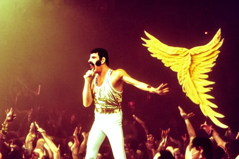 Image similar to freddie mercury singing at a death metal punk concert. mosh pit, elaborate clothing, violent rock concert yellow and white clothing, huge angel wings - s 1 5 0