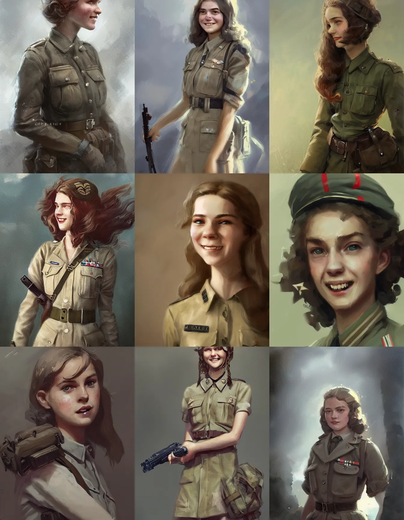 Prompt: teenage female ww 2 soldier, long hair, dress, smiling, digital portrait by greg rutkowski, intricate, soft focus, highly detailed, cinematic, epic, artstation