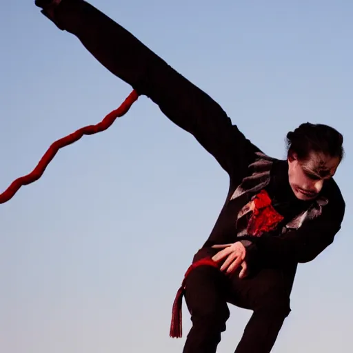 Image similar to hd photograph of a vampire walking on balance rope, stunt show