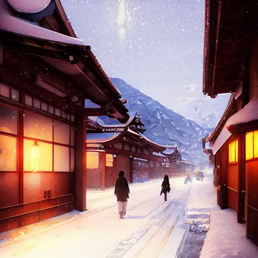 Image similar to walking around snow covered ozu city and shimonad station, ehime, japan. volumetric lighting, clear winter night, realistic illustration, perfectly shaded, soft painting, art by krenz cushart and wenjun lin