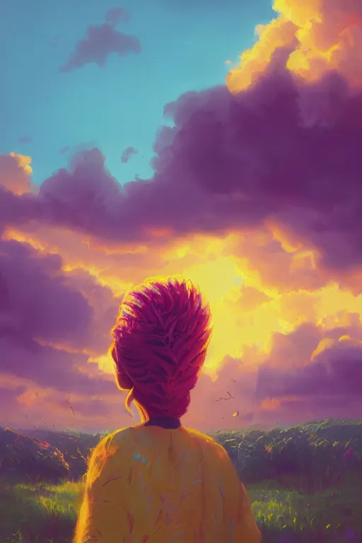 Prompt: closeup, grande pineapple head, girl surrounded by djungle, surreal photography, golden hour, colorful clouds, impressionist painting, digital painting, artstation, simon stalenhag