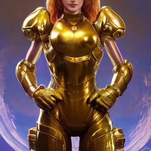 Image similar to Samus Aran from Metroid with golden armor drawn by Donato Giancola and Tom Bagshaw, face by Artgerm, overall design by Alphonse Mucha, background by James Jean and Gustav Klimt, light by Julie Bell, 4k, porcelain skin, komorebi, french nouveau, trending on artstation, octane render, hyperrealistic