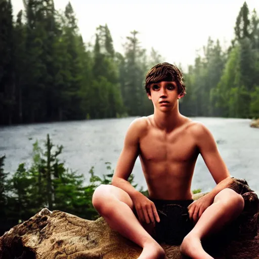 Prompt: a teenage boy, around 1 9 yo. iron necklace. natural brown hair. loincloth, pale skin. detailed face. sitting on a rock. ominous and eerie looking forest in background. natural colors. hyperrealistic photo.