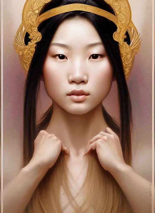 Image similar to perfectly feminine face!! portrait of an asian goddess blessed by a nature goddess with ever - increasing physical mental perfection, blonde, symmetrical! intricate, sensual features, highly detailed, biblical divine holy perfection!! digital painting, artstation, concept art, smooth, sharp focus, illustration, art by artgerm and greg rutkowski and alphonse mucha