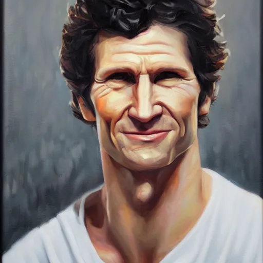 Prompt: Oil painting of Todd Howard smirking, stunning, amazing, trending on artstation HQ, deviantart