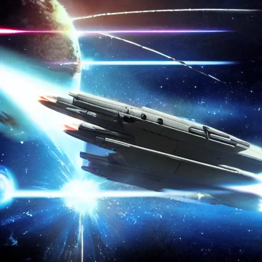 Prompt: science - fiction space battleship in combat, laser beams, explosions, space, planets