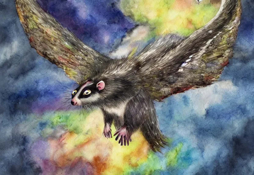 Image similar to legendary colorful winged possum flying over a medieval castle under a dark starred sky, dark fantasy, watercolor, dreaming illusion, highly detailed, 4k, trending on Artstation, award-winning