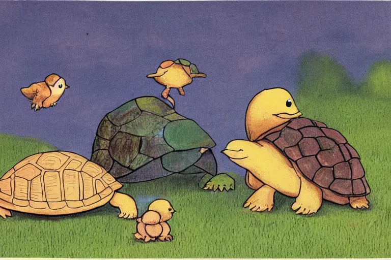 Image similar to turtle and chick, children's book illustration, beautiful