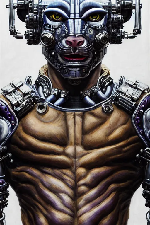 Image similar to a portrait of a muscular anthropomorphic cyberpunk jaguar in spacesuit armor with ensignia on chest plate by sandra chevrier, by jon foster, detailed render, post - processing, extremely hyperdetailed, intricate, epic composition, cybernetics, 4 k realistic, cryengine, realistic shaded lighting, sharp focus, masterpiece, by enki bilal